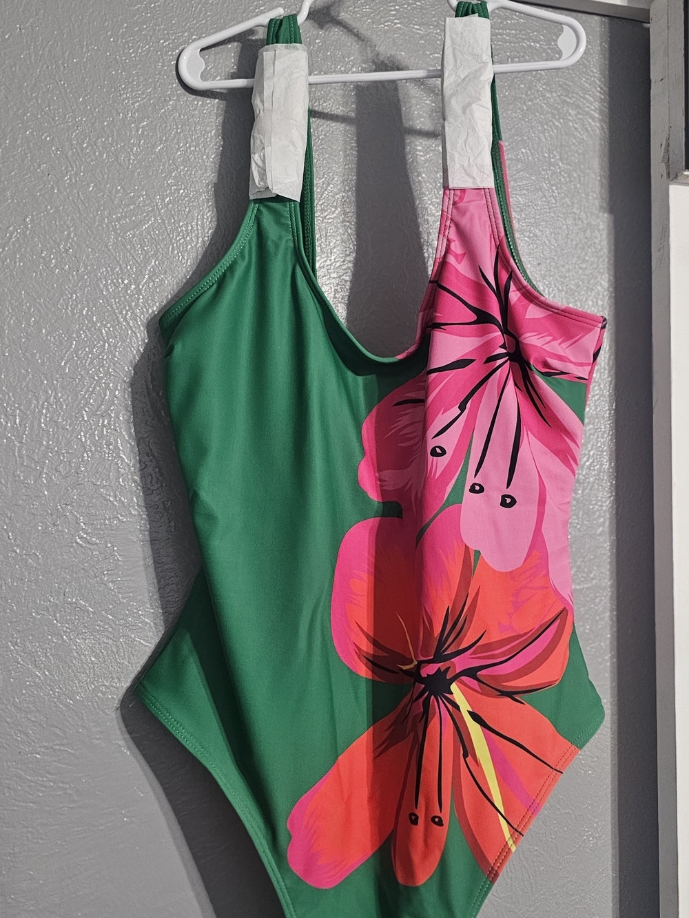 Fashion Nova Green One-Piece Swimsuit with Pink Floral Accent